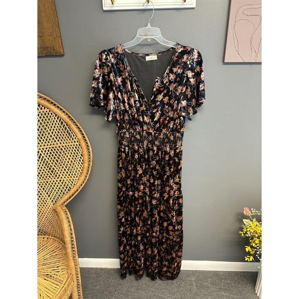 Natural Life Womens XL Velvet Floral Maxi Dress Whimsygoth Fairy Garden V-Neck